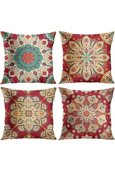 Generic Throw Pillow Covers, Red Mandala Ethnic Flower Home Decor Set of 4 Pi...