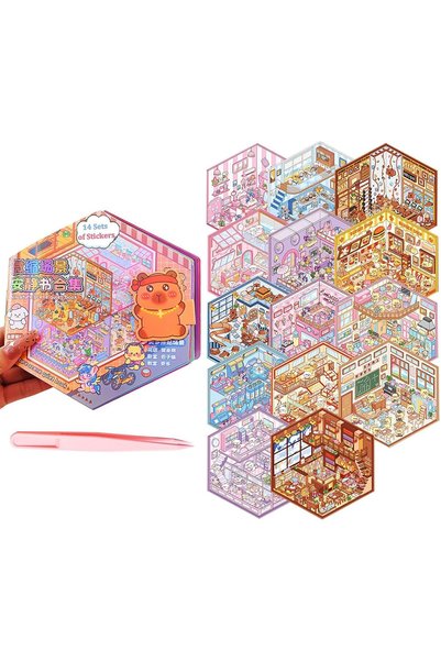 Generic 14 Sets of 3D Scene Sticker Books for Kids,Sticker Scenes Reusable an...