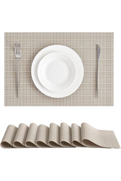 Generic Woven Vinyl Placemats Set of 8, Beige | High Density, Basketweave Wov...
