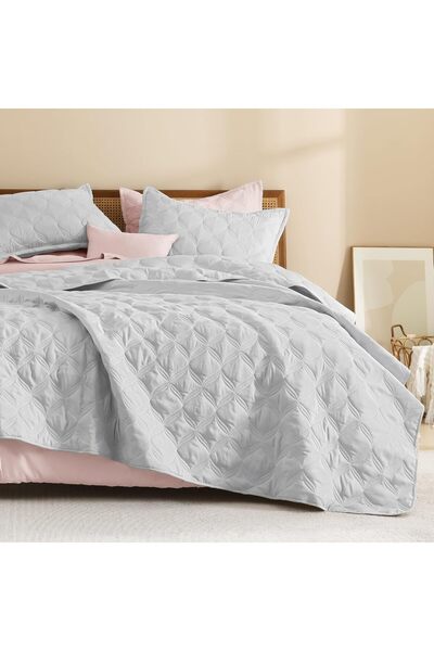 Generic طقم مفروشات سرير كوين، طقم أغطية سرير رمادي فاتح من 3 قطع