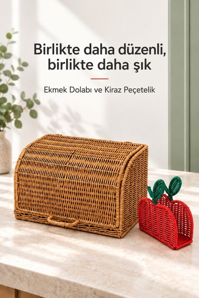 Rosie Kapaklı Ekmek Dolabı 35 cm ve Kiraz Peçetelik Seti