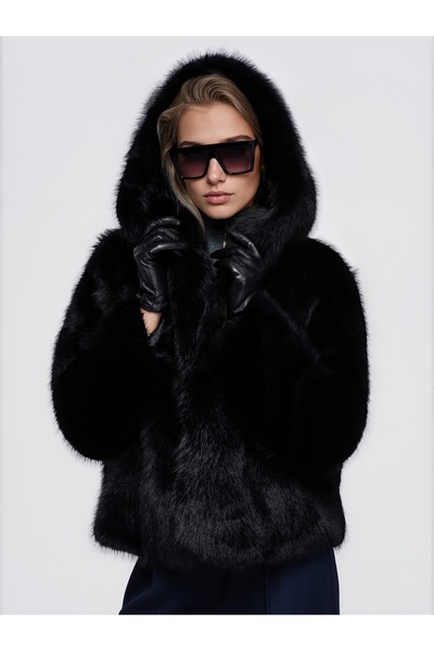 OMBRE Kurze Kunstpelzjacke für Damen, Hüftlänge, übergroße Kapuze, breite Rev...