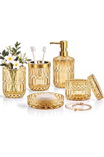 Generic 5-Piece Clear Gold Glass Bathroom Accessory Set - Lotion Dispenser, S...