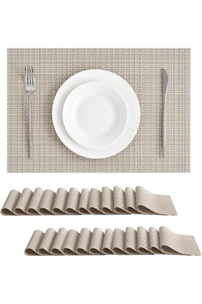 Generic Woven Vinyl Placemats Set of 24, Beige | High Density, Basketweave Wo...