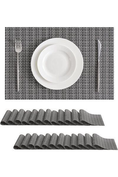 Generic Woven Vinyl Placemats Set of 24, Charcoal Gray | High Density, Basket...