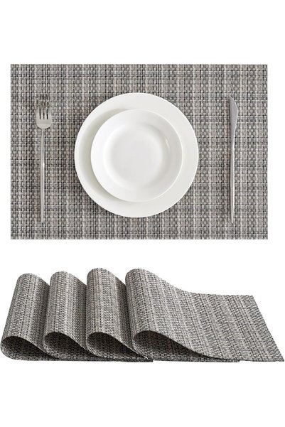 Generic Woven Vinyl Placemats Set of 24, Beige Gray | High Density, Basketwea...