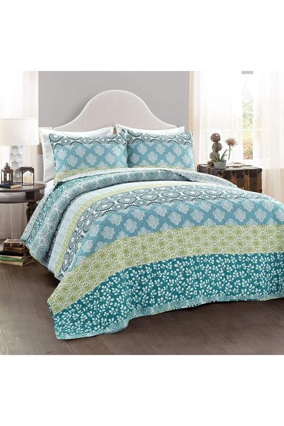 Generic Bohemian Stripe Reversible Cotton Quilt Set, 3 Piece Set, King, Blue ...