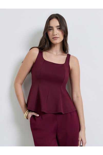 Styli Burgundy Square Neck Peplum Knit Top
