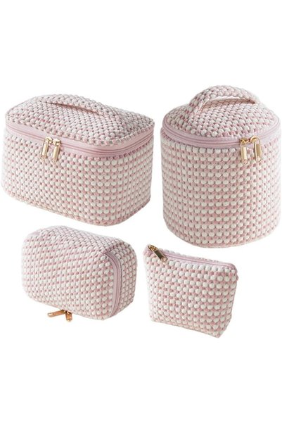 Generic Brand Pink Polka Dot 4 Piece Velvet Makeup and Toiletry Bag Set