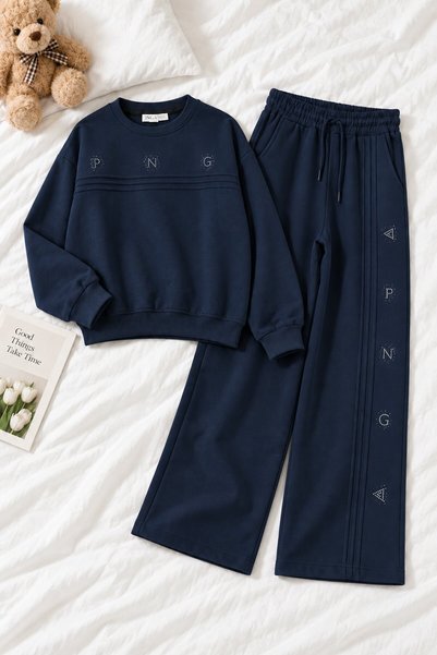 CansınMini Navy Blue Girls' Sequin-Embellished Striped Crewneck Sweatshirt an...