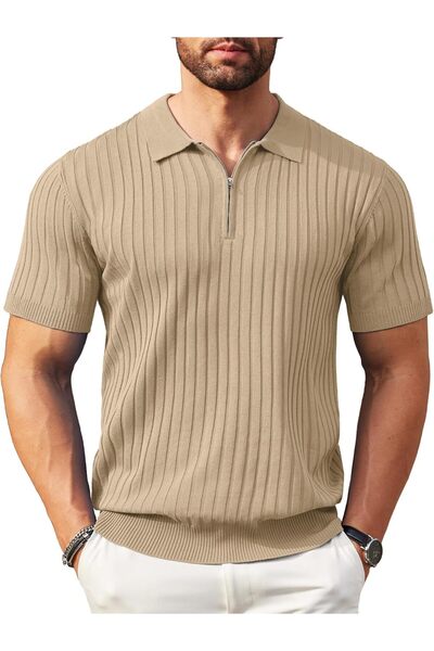 Generic Men's Zipper Polo Shirts Short Sleeve Ribbed Knit Polo T Shirts Fashi...