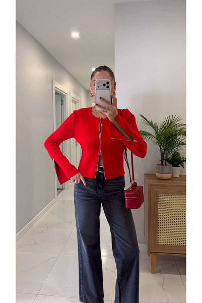 BİRCANÇİL Nizla Red Sleeve Zipper Detail Cardigan