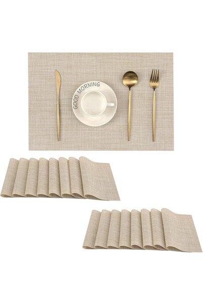 Generic Woven Vinyl Beige Placemats Set of 16, Linen Look & Easy to Clean