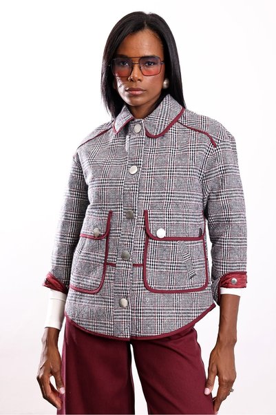My Blog Burgundy Jacket with Pleated Details and Plaid Pattern - 1138
