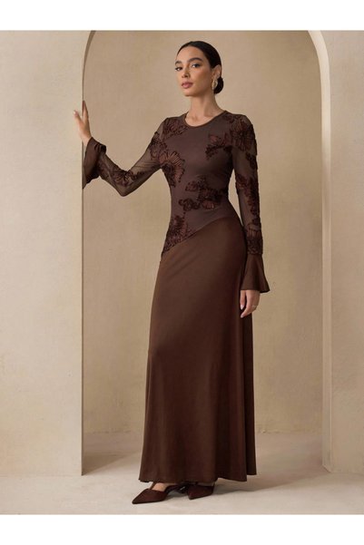Take Two By Styli Coffee Brown Embroidered Round Neck Sheath Maxi Dress