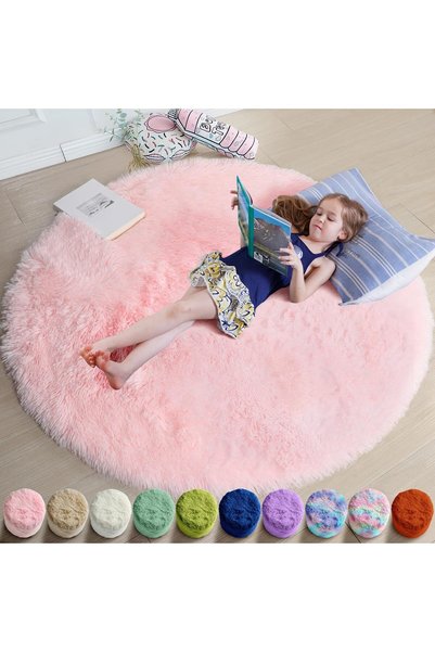 Generic Pink Round Rug for Girls Bedroom,Fluffy Circle Rug 4'X4' for Kids Roo...