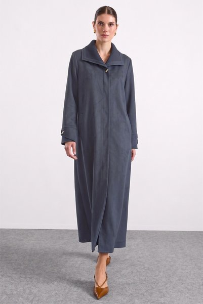 Olcay Plus-Size Suede Trench Coat with Knitted Collar Detail, NAVY 6933