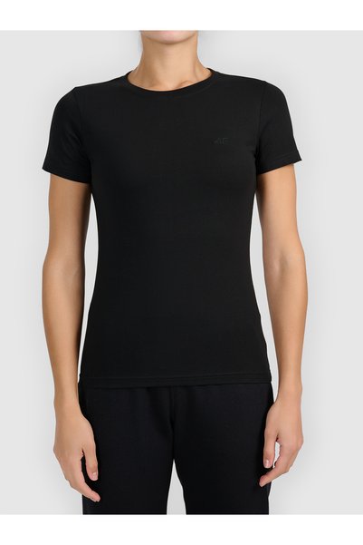 4F Tricou de damă din bumbac, croială slim, negru, mărimea L