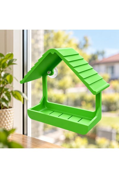 Vantuzlu Pencere Kuş Yemliği, Cam ve Balkon İçin Çatılı Kuş Evi, İç ve Dış Mekan Kullanımına Uygun,Yeşil