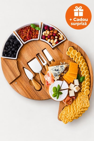 OferteTop Platou Brânzeturi din Lemn cu 3 Boluri Ceramice și 3 Ustensile din ...
