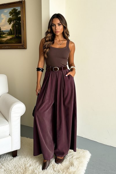 Nana & Mayka Moda Women's Plum-Colored Modal High-Waisted Wide-Leg Belted Pan...