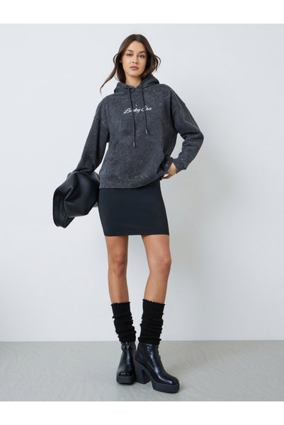 Styli Charcoal Oversized Acid Wash Hoodie with Slogan