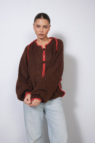 Nisan OVERSIZED PLEATED JACKET IN COFFEE COLOR, WITH CONTRASTING SIDES AND BU...
