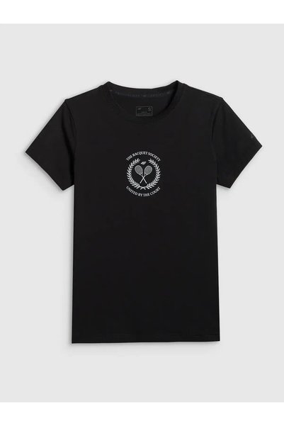 4F Tricou de damă negru cu imprimeu logo, croială slim, XXL