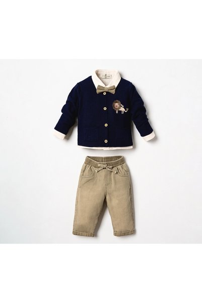 blumi kids 4-Piece Baby Boy Set with Lion Embroidered Knitwear Cardigan