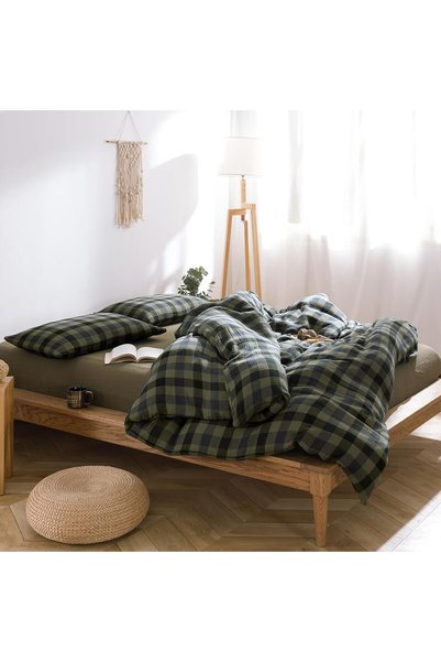 Generic Gingham Duvet Cover Set Linen Cotton,King(104"x90"),Gauze - Green/Navy
