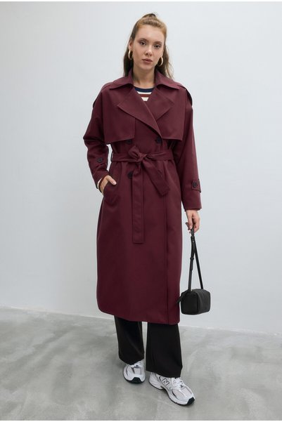 HEQA Long Classic Trench Coat, Burgundy.
