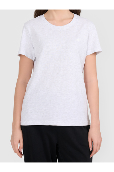 4F Tricou de damă din bumbac, gri melanj deschis, croială normală