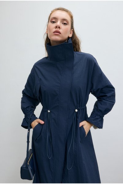 HEQA Asymmetrical Puffed Trench Coat, Navy Blue