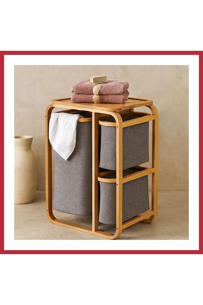 Ahşap Bambu 3 Bölmeli Çamaşır Sepeti 50x30x70 cm STRSNL