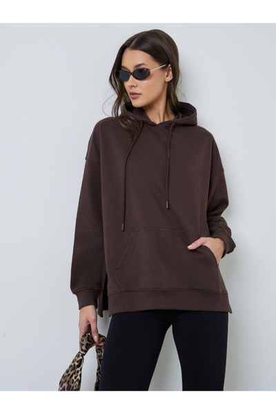 Styli Coffee Brown Oversized Longline Slogan Hoodie