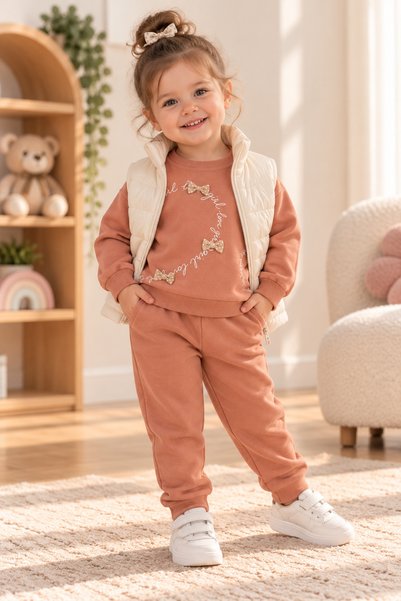 SERPİL Girls' 3-Piece Outfit: Powder Pink Bow Sweatshirt with Matching Sweatp...