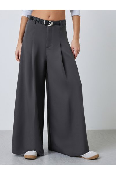 Styli Charcoal Flowy Wide Leg Trousers with Pleat Detail