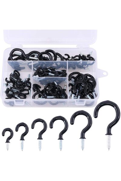 Generic 100-Pieces 6 Sizes Black Vinyl Coated Cup Hooks Screw-in Ceiling Hook...