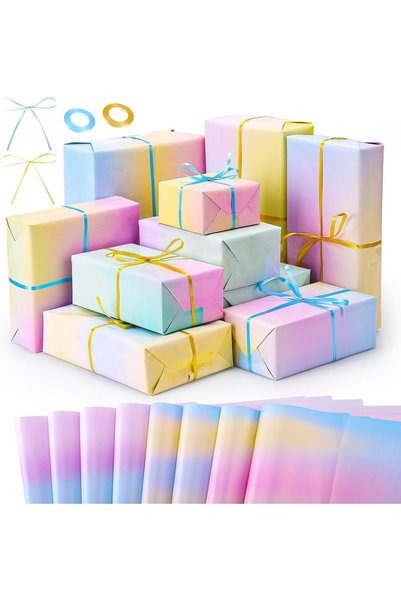 Generic 8 قطع من ورق تغليف الهدايا بتصميم قوس قزح متدرج (50 × 70 سم) + 2 لفة ...