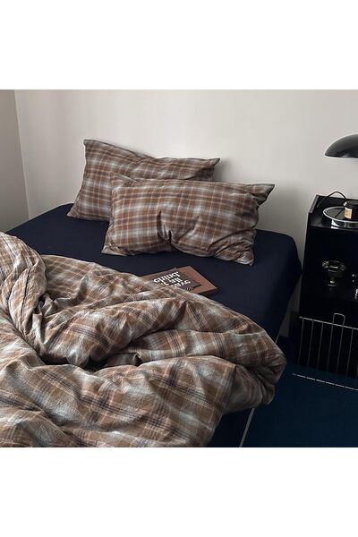 Generic Plaid Duvet Cover Set Washed Cotton,King(104"x90"),Mocha Brown/Dusty ...