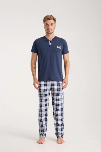 Mariposa Secret Men's Navy Blue Button Collar Short Sleeve Pajama Set