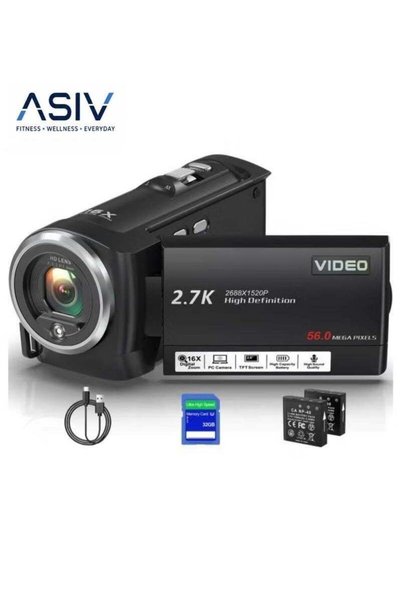 ASIV كاميرا محمولة بدقة 2.7K و56 ميجابكسل | تكبير 16x + بطاريتان + إضاءة LED ...