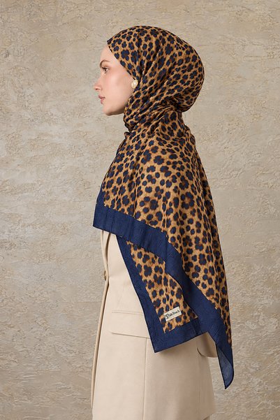 SilkTouch Navy, Beige, and Leopard Pattern Crinkle Shawl