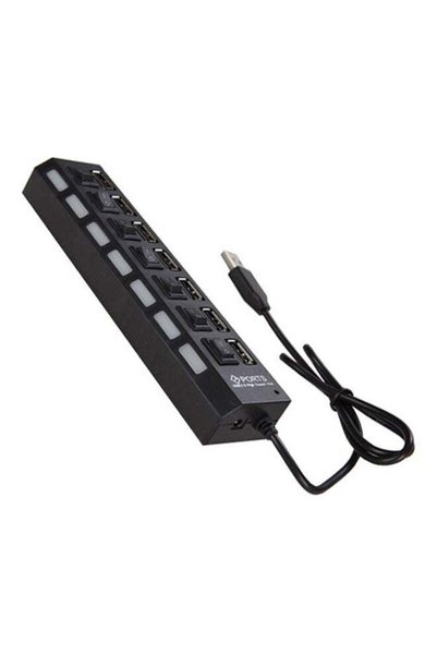 Generic موزع USB 2.0 بسبعة منافذ مع مفتاح تشغيل فردي ومؤشر LED، لون أسود