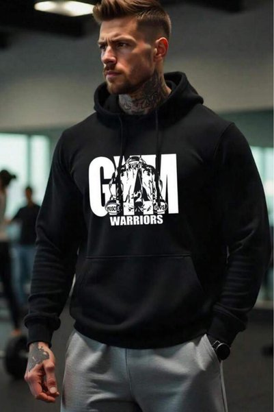 CAST COLLECTİON Men's Black Gym Warriors Printed Winter Fleece-Lined Sweatshirt