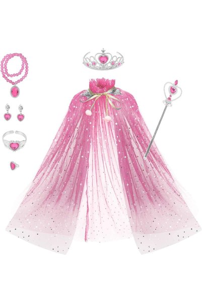 Generic Princess Cape Set 7 Pieces Girls Princess Cloak with Tiara Crown, Wan...