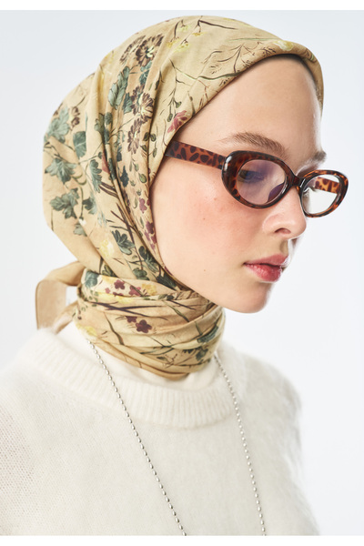 Freshscarfs Blush Bloom Desen Pamuk İpek Eşarp Kum