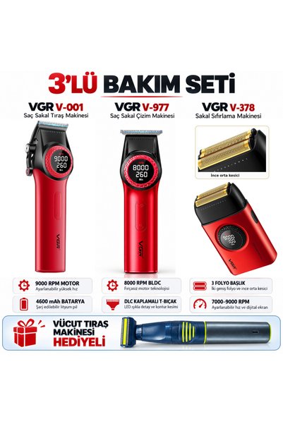 VGR V-001 V-977 V-378 Kırmızı 3’lü Bakım Seti ve Vücut Tıraş Makinesi Hediyeli