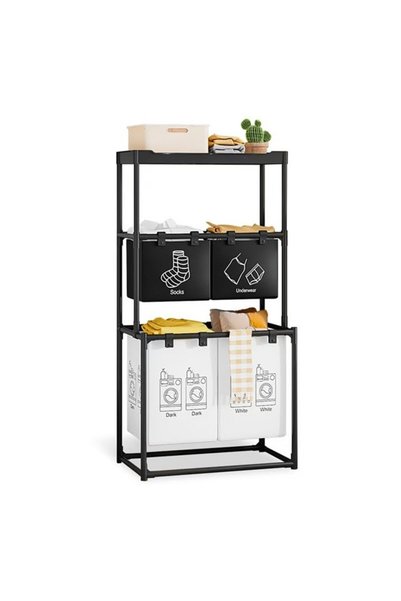 DAMUR Coș de rufe, Inovație, 3 rafturi, 4 coșuri, Cadru din oțel inoxidabil, ...