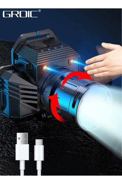 GROIC مصباح رأس LED قابل لإعادة الشحن، 9000 لومن – 3 أوضاع مع مستشعر حركة
